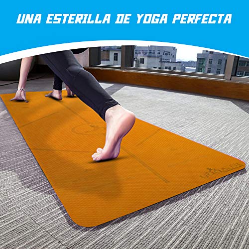 Yog&Fit- Esterilla de Yoga Antideslizante, Pilates, Fitness, Gimnasia y Deportes,Alfombrilla de TPE y tamaño 183*61Cm y 6mm de Grosor con Bolsa y Correa para Transporte y Ordenación (NARANJA/NEGRO)