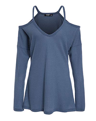 YOINS Camiseta Mujer de Manga Larga Camisa con Hombros Fríos Color Sólido Cuello en V Blusa Azul 02-Nuevo M