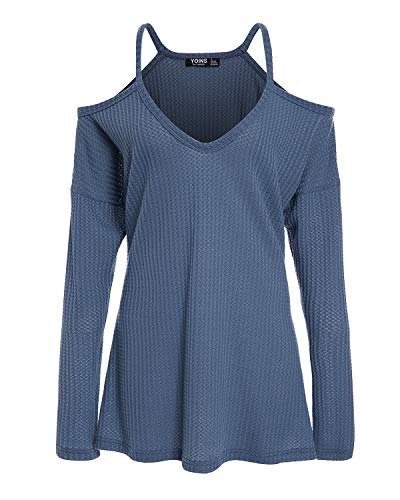 YOINS Camiseta Mujer de Manga Larga Camisa con Hombros Fríos Color Sólido Cuello en V Blusa Azul 02-Nuevo M YOINS Camiseta Mujer de Manga Larga Camisa con Hombros Fríos Color Sólido Cuello en V Blusa Azul 02-Nuevo M
