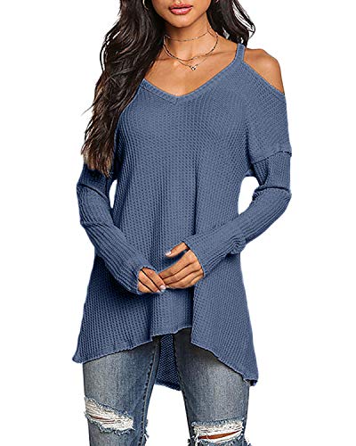 YOINS Camiseta Mujer de Manga Larga Camisa con Hombros Fríos Color Sólido Cuello en V Blusa Azul 02-Nuevo M YOINS Camiseta Mujer de Manga Larga Camisa con Hombros Fríos Color Sólido Cuello en V Blusa Azul 02-Nuevo M