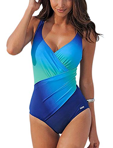 YONIER Conjunto de Baño Gradiente de Color Relleno Traje de Baño Una Piezas Atlético Pliegues Empuja hacia Arriba Bikini de Gradiente Halter Bikini Plisado Monokinis Ropa de Baño Punto Push Up