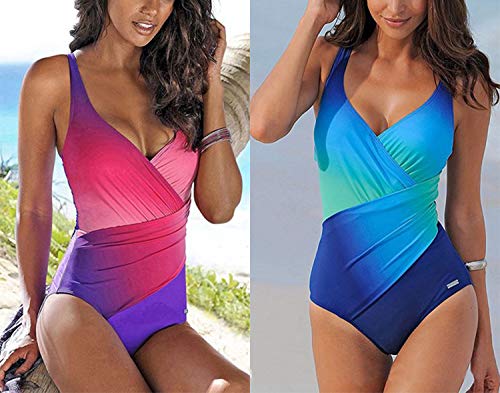 YONIER Conjunto de Baño Gradiente de Color Relleno Traje de Baño Una Piezas Atlético Pliegues Empuja hacia Arriba Bikini de Gradiente Halter Bikini Plisado Monokinis Ropa de Baño Punto Push Up