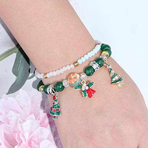 YooAi Pulseras De Cuentas Multicapa Coloridas Piedras Naturales Pulseras De Cuentas De Yoga Pulseras De Navidad Regalo De Joyería para Mujeres Campanas De árbol De Navidad Verde