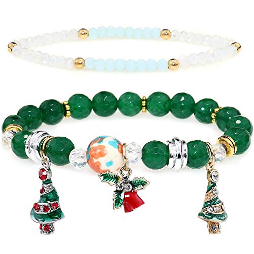 YooAi Pulseras De Cuentas Multicapa Coloridas Piedras Naturales Pulseras De Cuentas De Yoga Pulseras De Navidad Regalo De Joyería para Mujeres Campanas De árbol De Navidad Verde