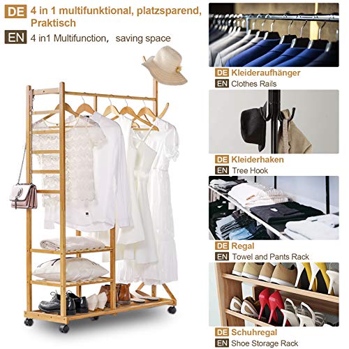 Yorbay Perchero sobre Ruedas de bambú, Modernos Ganchos Sólidos Fácil Ensamblar, para Ropa Gorros Bolsas, Color De Madera Yorbay Perchero sobre Ruedas de bambú, Modernos Ganchos Sólidos Fácil Ensamblar, para Ropa Gorros Bolsas, Color De Madera