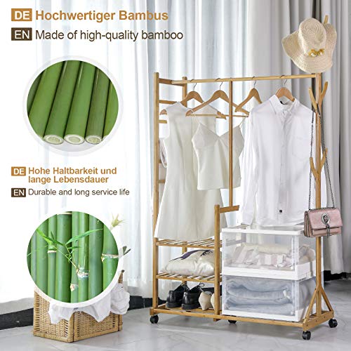 Yorbay Perchero sobre Ruedas de bambú, Modernos Ganchos Sólidos Fácil Ensamblar, para Ropa Gorros Bolsas, Color De Madera Yorbay Perchero sobre Ruedas de bambú, Modernos Ganchos Sólidos Fácil Ensamblar, para Ropa Gorros Bolsas, Color De Madera