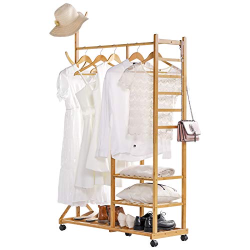 Yorbay Perchero sobre Ruedas de bambú, Modernos Ganchos Sólidos Fácil Ensamblar, para Ropa Gorros Bolsas, Color De Madera Yorbay Perchero sobre Ruedas de bambú, Modernos Ganchos Sólidos Fácil Ensamblar, para Ropa Gorros Bolsas, Color De Madera