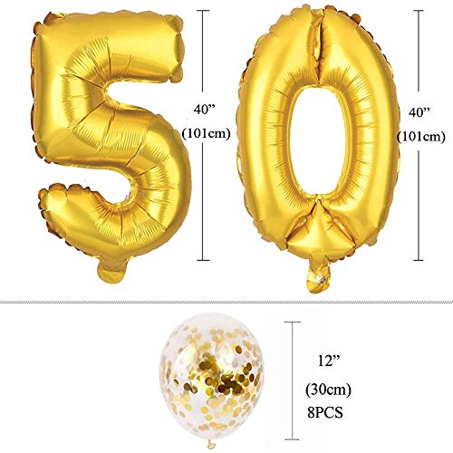 Youngneer - Balón de 50 años para mujer, hombre, 50 años, color dorado con número gigante, 50 números, balón de 40 pulgadas (101 cm) y 8 globos dorados para confeti