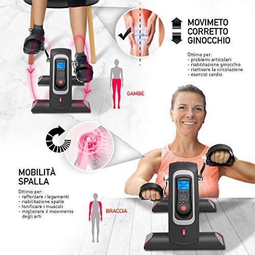 YOUR MOVE Mini bicicleta estática para gimnasia activa, rehabilitación, utilizable con y sin motor, 12 velocidades, 6 programas, temporizador, distancia, calorías, mando a distancia, botón emergencia