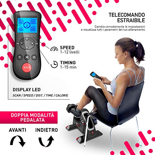 YOUR MOVE Mini bicicleta estática para gimnasia activa, rehabilitación, utilizable con y sin motor, 12 velocidades, 6 programas, temporizador, distancia, calorías, mando a distancia, botón emergencia