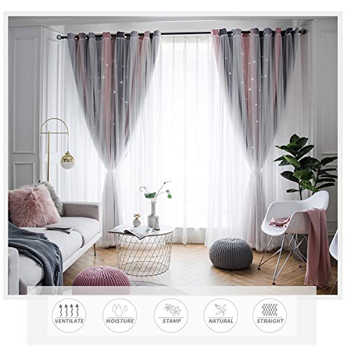 YTK Cortinas opacas con estrellas, doble capa, huecas, a rayas, cortinas opacas con degradado, negras, para habitación de los niños, salón, 132 x 214 cm