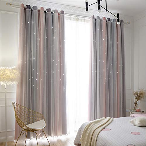 YTK Cortinas opacas con estrellas, doble capa, huecas, a rayas, cortinas opacas con degradado, negras, para habitación de los niños, salón, 132 x 214 cm