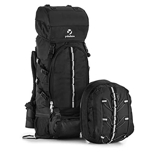 Yukatana Almer Mochila de Trekking 80 L Volumen - Cubierta Lluvia integrada, Cintas y Accesorios Acampada, 40x80x35cm, Respaldo, Mochila excursión de día extraíble, montaña Negra/Negra