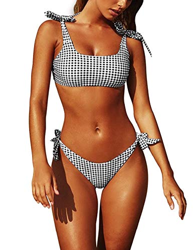 Yuson Girl Conjuntos De Bikini De Talle Alto a Tartán Sexy Retro Brasileños Mujer Traje De Baño Dos Piezas con Crop Top Push Up Bra Bikini Anudado Tiras Tanga Braga Bikini Triangulo Alta