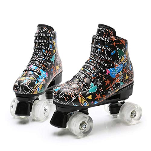 YVX Patines de Cuatro Ruedas para Mujer, Zapatos de Patinaje de Velocidad de Doble hilera de Piel sintética de Estilo clásico de Graffiti (Color: Negro, tamaño: 35)