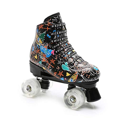 YVX Patines de Cuatro Ruedas para Mujer, Zapatos de Patinaje de Velocidad de Doble hilera de Piel sintética de Estilo clásico de Graffiti (Color: Negro, tamaño: 35)