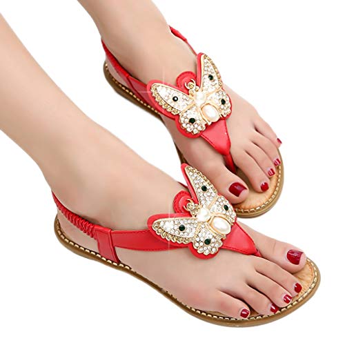 YWLINK Bohemia Mujer Bowknot Cristal Perla Sandalias Planas Chanclas De Playa Zapatos Flip Zapatos Romanos Moda Viajes Al Aire Libre Fiesta Zapatillas Antideslizante CóModo(Rojo,37EU)