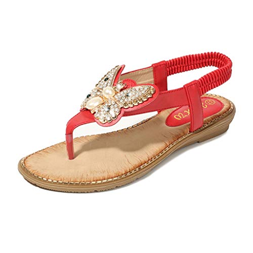 YWLINK Bohemia Mujer Bowknot Cristal Perla Sandalias Planas Chanclas De Playa Zapatos Flip Zapatos Romanos Moda Viajes Al Aire Libre Fiesta Zapatillas Antideslizante CóModo(Rojo,37EU)