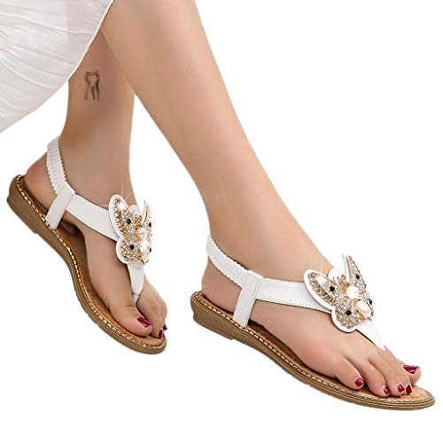 YWLINK Bohemia Mujer Bowknot Cristal Perla Sandalias Planas Chanclas De Playa Zapatos Flip Zapatos Romanos Moda Viajes Al Aire Libre Fiesta Zapatillas Antideslizante CóModo(Blanco,40EU)