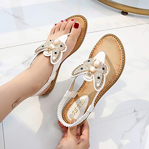 YWLINK Bohemia Mujer Bowknot Cristal Perla Sandalias Planas Chanclas De Playa Zapatos Flip Zapatos Romanos Moda Viajes Al Aire Libre Fiesta Zapatillas Antideslizante CóModo(Blanco,40EU)