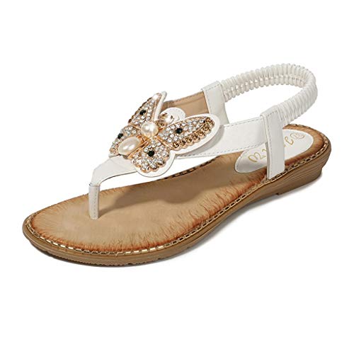 YWLINK Bohemia Mujer Bowknot Cristal Perla Sandalias Planas Chanclas De Playa Zapatos Flip Zapatos Romanos Moda Viajes Al Aire Libre Fiesta Zapatillas Antideslizante CóModo(Blanco,40EU)