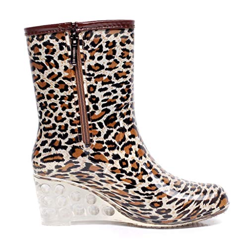 YWLINK Botas De Lluvia Mujer Impermeable Leopardo Zapatos con CuñA Botas De Nieve Estilo Punk Zapatos De Agua Transparentes Zapatos De Goma Moda CóModo TamañO Grande Tubo Medio Y Alto(marrón,38EU)