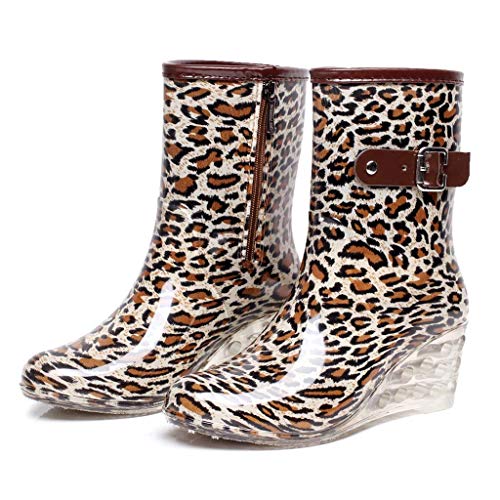 YWLINK Botas De Lluvia Mujer Impermeable Leopardo Zapatos con CuñA Botas De Nieve Estilo Punk Zapatos De Agua Transparentes Zapatos De Goma Moda CóModo TamañO Grande Tubo Medio Y Alto(marrón,38EU)