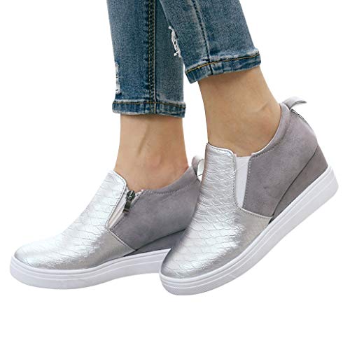 YWLINK Casual Zapatos Mujer Zapatos Planos TamañO Grande CuñA Botines con Cremallera Zapatos De Cabeza Redonda Antideslizante Transpirable Zapatillas De Deporte Fiesta Playa Viajes Regalo(Gris,36EU)