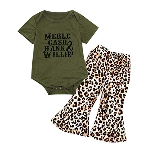 YWLINK ReciéN Nacido Bebé NiñO NiñA Carta Tops Romper Leopardo Acampanado Pantalones Ropa Conjunto Manga Larga Manga Corta Bautizo Bebe Regalo Mono CóModo Vestido De Fiesta(Verde,6-12 meses/80)