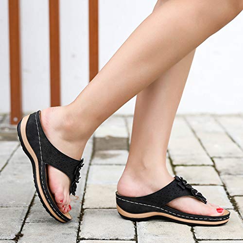 YWLINK Sandalias De CuñA para Mujer Ahuecar Flores Chanclas De Playa Bohemia Verano Sandalias Planas De Gran TamañO Zapatillas Antideslizantes(Negro,37EU)