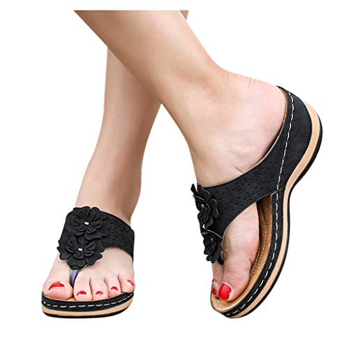 YWLINK Sandalias De CuñA para Mujer Ahuecar Flores Chanclas De Playa Bohemia Verano Sandalias Planas De Gran TamañO Zapatillas Antideslizantes(Negro,37EU)