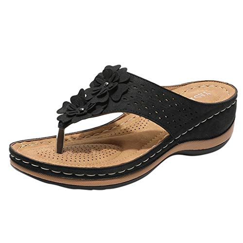 YWLINK Sandalias De CuñA para Mujer Ahuecar Flores Chanclas De Playa Bohemia Verano Sandalias Planas De Gran TamañO Zapatillas Antideslizantes(Negro,37EU)