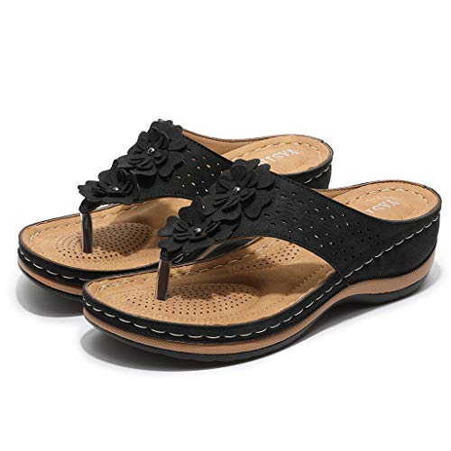 YWLINK Sandalias De CuñA para Mujer Ahuecar Flores Chanclas De Playa Bohemia Verano Sandalias Planas De Gran TamañO Zapatillas Antideslizantes(Negro,37EU)