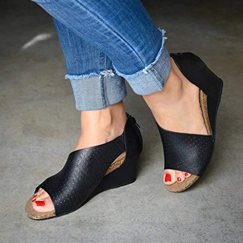 YWLINK Sandalias PU Moda Mujer CuñAs Boca Baja Peep Toe Zapatos Casuales De Playa Sandalias Romanas Fiesta TamañO Grande Zapatillas Al Aire Libre Moda Casual(Negro,43EU)