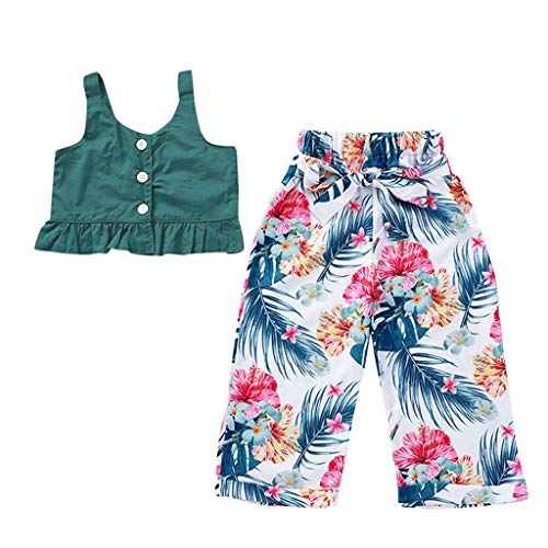 YWLINK Verano Conjunto NiñAs Mezcla De AlgodóN Sin Mangas Camisola Ruffle Top Color Solido Camiseta Arriba+Arco Pantalones Estampados Playa Viajes Fiesta Vestido Moda Linda(Verde,3-4 años/120)