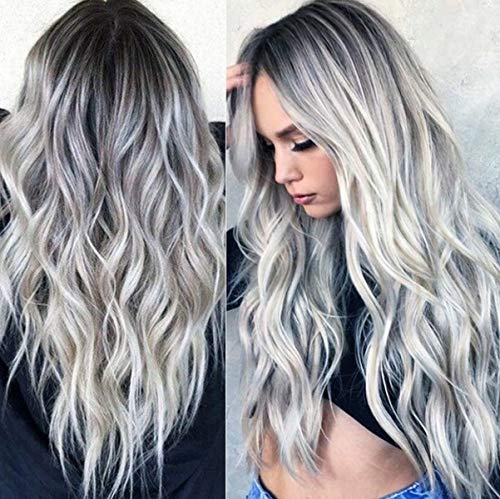 YXSHZ - Peluca de pelo largo y rizado para mujer, color gris degradado, pelo sintético ondulado