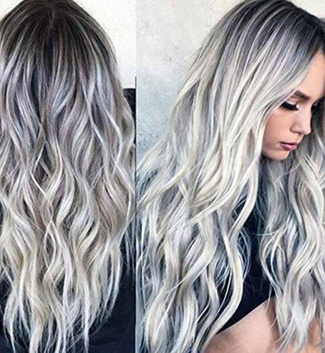 YXSHZ - Peluca de pelo largo y rizado para mujer, color gris degradado, pelo sintético ondulado