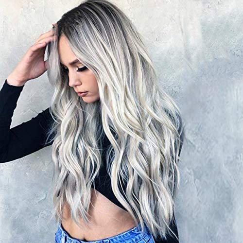 YXSHZ - Peluca de pelo largo y rizado para mujer, color gris degradado, pelo sintético ondulado