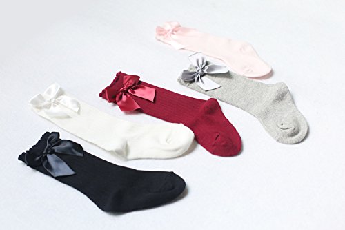 Z-Chen Pack de 5 Pares Calcetines altos de bebé niña con lazo, 2-4 Años