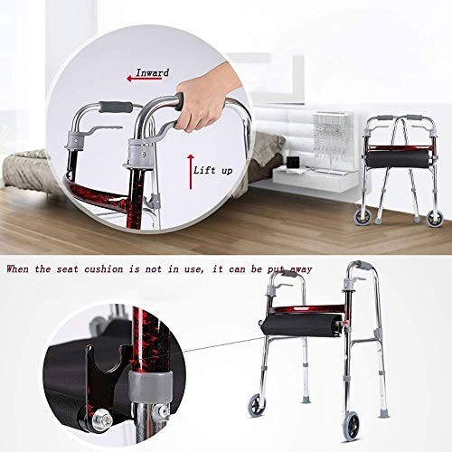 Z-SEAT Walker, Floding Walker Andador de Aluminio con Asiento y 2 Rodillos Andador portátil para Personas Mayores con obesidad Ajuste del Marco para Caminar para Adultos Li