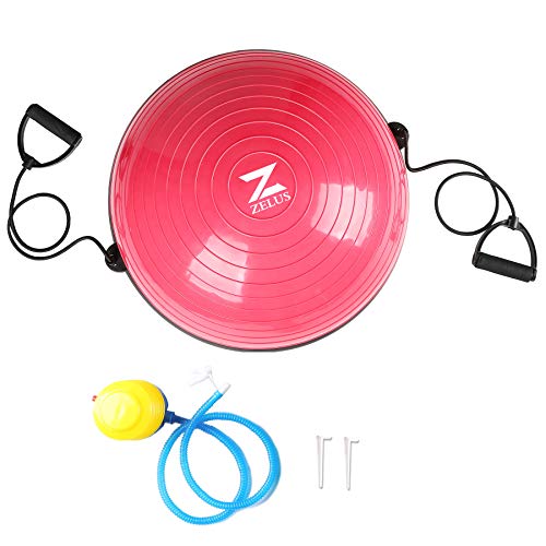 Z ZELUS 58CM Pelota de Equilibrio Bola de Yoga con Bandas de Resistencia Pelota de Fitness con Bomba de Pie para Ejercicios de Entrenamiento de Fuerza, Yoga, Fitness (Rosa)