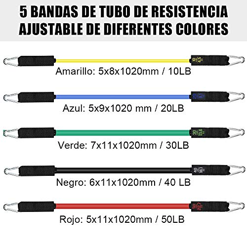 Zacro 16Pcs Bandas Elasticas Resistencia Fitness,5 Bandas Extra Adjunto,5 Bandas Tubo de Látex,Ancla de Puerta,Correas de Tobillo,Manual Manijas Asas para Fitness Entrenamiento Crossfit