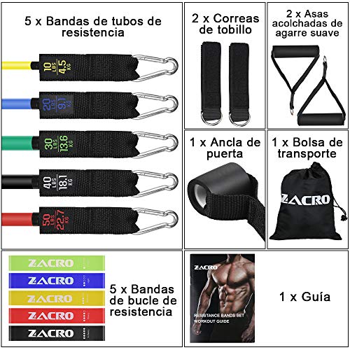 Zacro 16Pcs Bandas Elasticas Resistencia Fitness,5 Bandas Extra Adjunto,5 Bandas Tubo de Látex,Ancla de Puerta,Correas de Tobillo,Manual Manijas Asas para Fitness Entrenamiento Crossfit