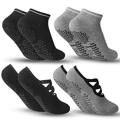 Zacro 4Pcs Calcetines-Yoga Antideslizantes de Mujeres Deportivos para Ejercicio Interior,Cómodo Pilates,Yoga,Fitness,etc (Negro y Gris)