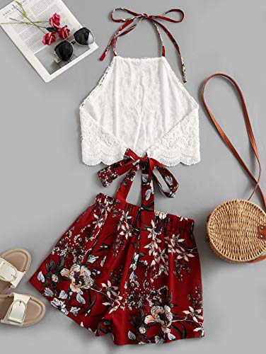 Zaful - Conjunto de camiseta y pantalones cortos para mujer con estampado floral rojo M
