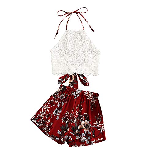 Zaful - Conjunto de camiseta y pantalones cortos para mujer con estampado floral rojo M