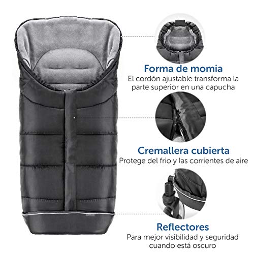 Zamboo Saco Silla Paseo Universal Invierno - Saco para Cochecito bebe antideslizante, forro polar térmico Deluxe, capucha tipo momia, reflectores y bolsa - Negro/gris