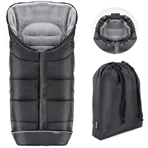 Zamboo Saco Silla Paseo Universal Invierno - Saco para Cochecito bebe antideslizante, forro polar térmico Deluxe, capucha tipo momia, reflectores y bolsa - Negro/gris