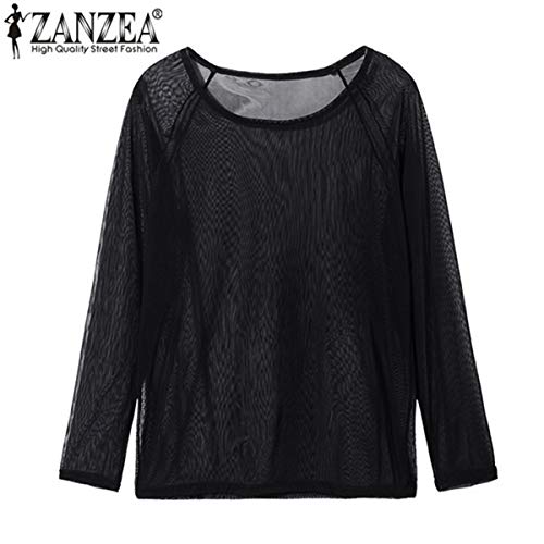 ZANZEA Mujer Camiseta Blusa Transparente Mangas Largas Elegante Moda Oficina Casual negro-280882 EU 48