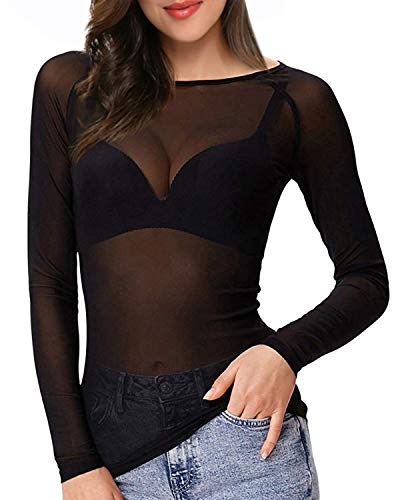 ZANZEA Mujer Camiseta Blusa Transparente Mangas Largas Elegante Moda Oficina Casual negro-280882 EU 48